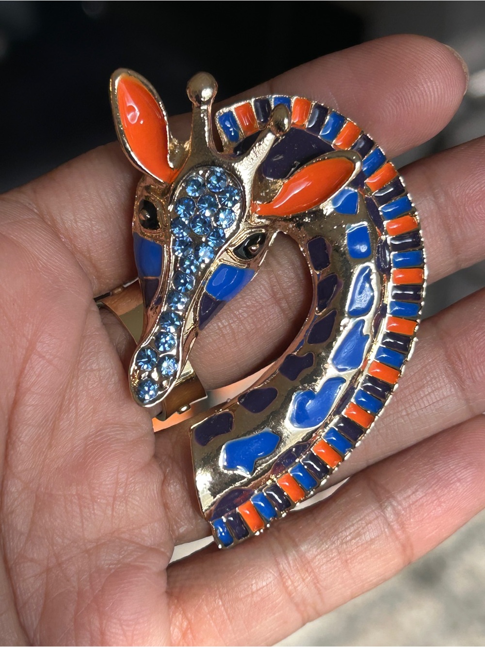Gold-Tone Blue & Orange Giraffe Brooch with Blue Crystals